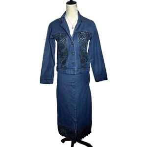 Surya Embroidered Beaded Cutout Denim Skirt Set XS | Country Western Boho Rodeo